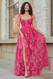 Spaghetti Straps Hot Pink A-Line Long Prom Dress with Slit