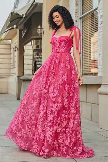 Spaghetti Straps Hot Pink A-Line Long Prom Dress with Slit