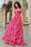 Spaghetti Straps Hot Pink A-Line Long Prom Dress with Slit