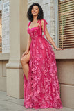 Spaghetti Straps Hot Pink A-Line Long Prom Dress with Slit