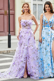 Gorgeous A Line Spaghetti Straps Lilac Long Prom Dress with 3D Flowers