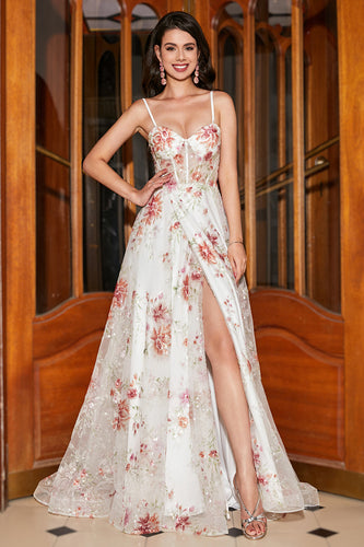 Embroidered Ivory Flower Long Corset Prom Dress with Slit