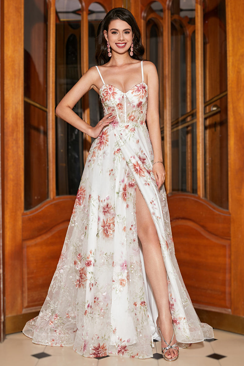 Load image into Gallery viewer, Embroidered Ivory Flower Long Corset Prom Dress with Slit