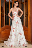 Embroidered Ivory Flower Long Corset Prom Dress with Slit