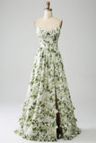 Green A-Line Spaghetti Straps Printed Pleated Long Bridesmaid Dress With Slit