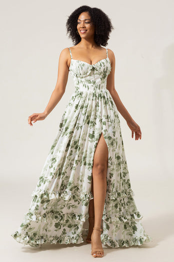 A-Line Spaghetti Straps Green Printed Long Bridesmaid Dress With Slit