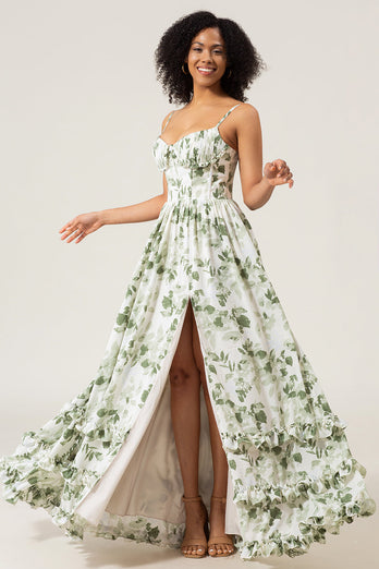 A-Line Spaghetti Straps Green Printed Long Bridesmaid Dress With Slit