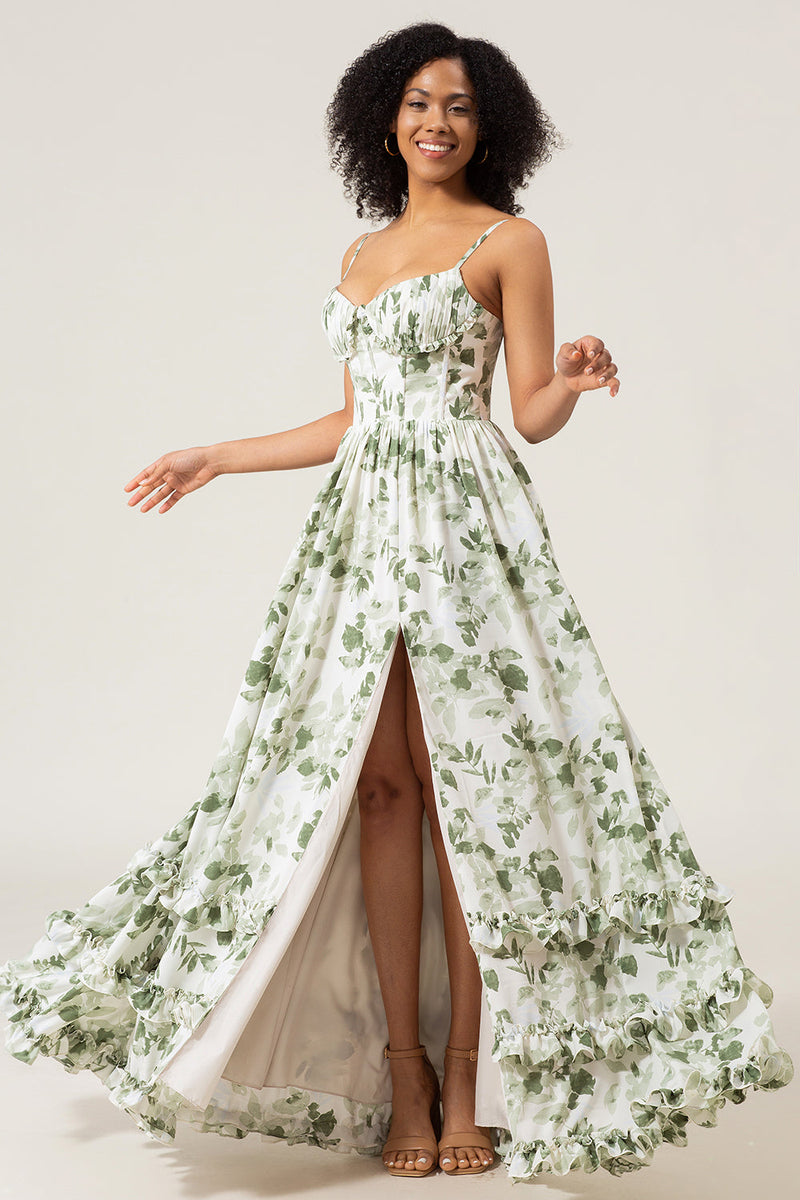 Load image into Gallery viewer, A-Line Spaghetti Straps Green Printed Long Bridesmaid Dress With Slit