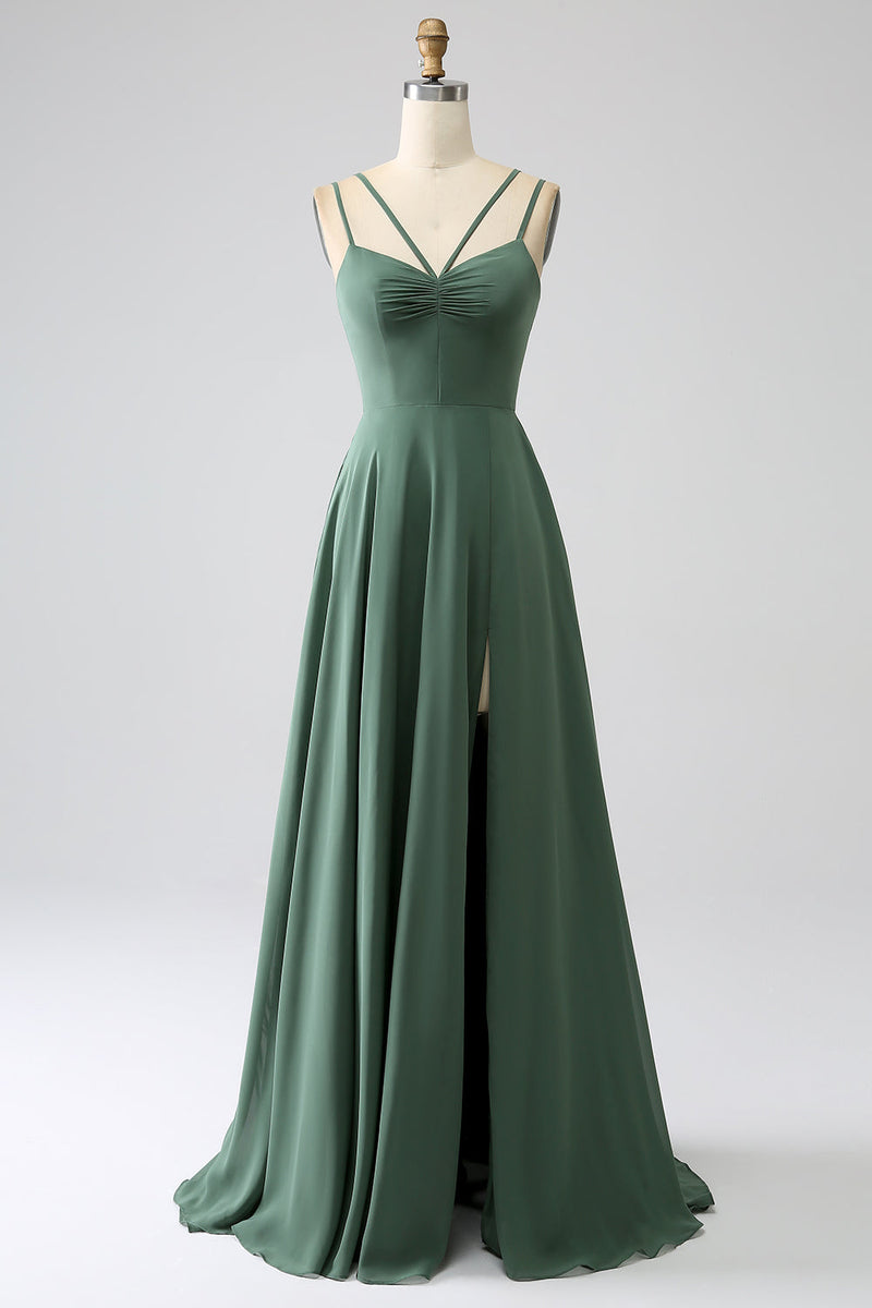 Load image into Gallery viewer, Eucalyptus A-Line Spaghetti Straps Backless Pleated Long Bridesmaid Dress