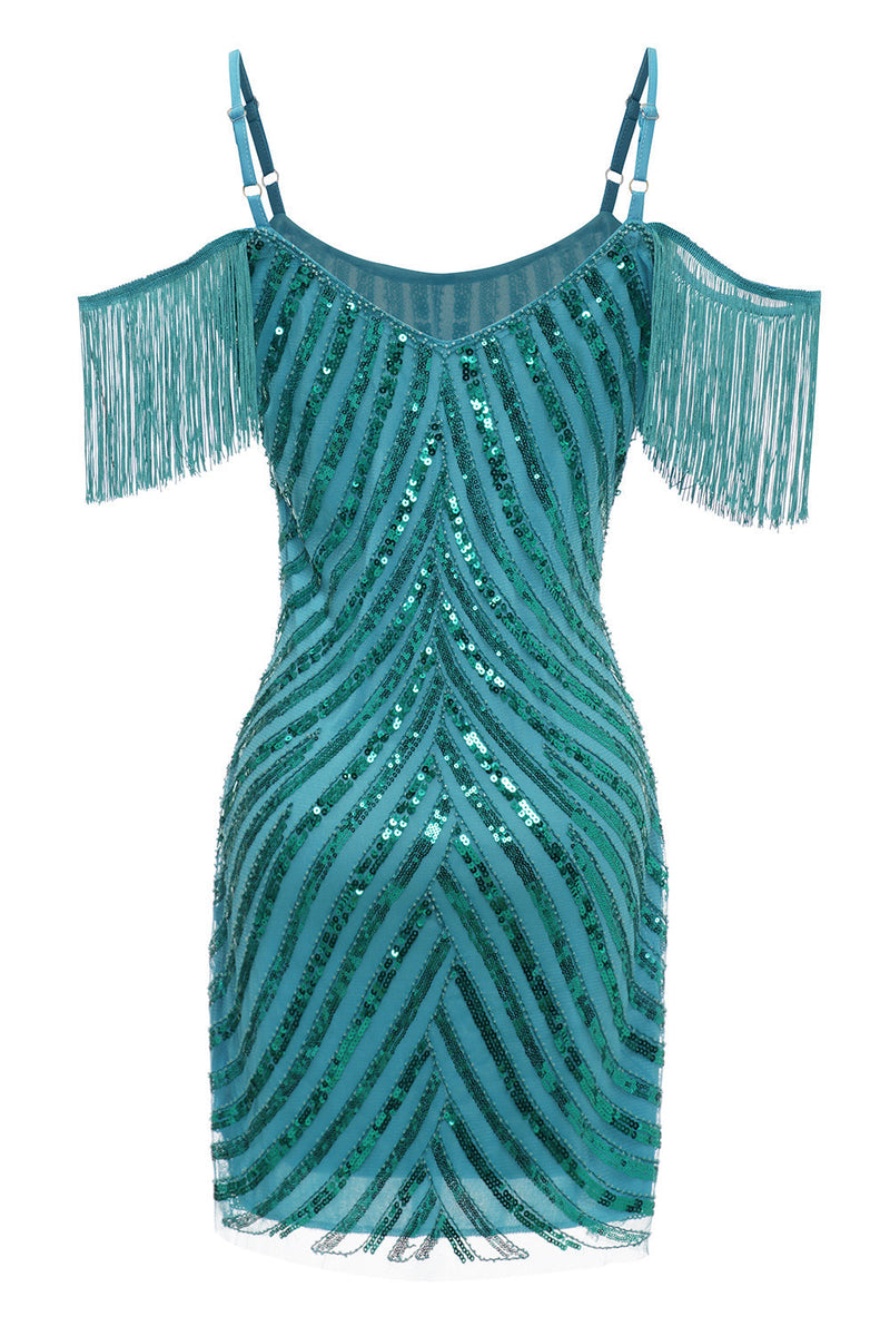 Load image into Gallery viewer, Sparkly Turquoise Tight Sequins Short Graduation Dress with Fringes