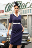 Navy Bodycon 1960s Dress with Short Sleeves