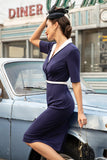 Navy Bodycon 1960s Dress with Short Sleeves