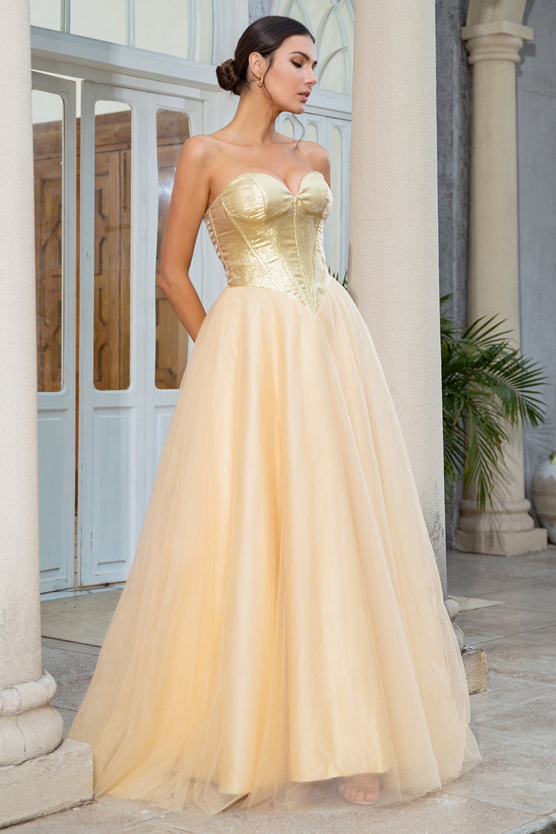 Load image into Gallery viewer, Princess A Line Sweetheart Golden Long Prom Dress