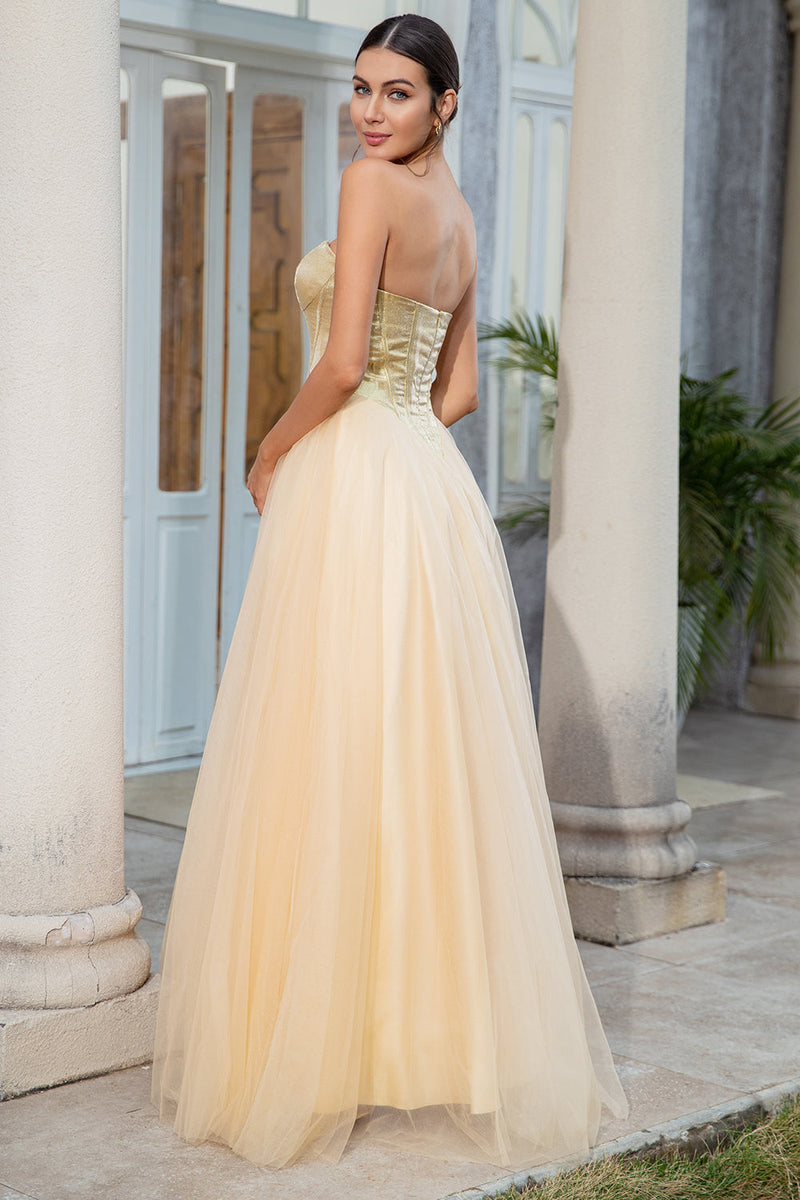 Load image into Gallery viewer, Princess A Line Sweetheart Golden Long Prom Dress