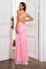Load image into Gallery viewer, Sheath One Shoulder Pink Sequins Long Prom Dress with Split Front