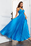 A Line Spaghetti Straps Lake Blue Long Prom Dress