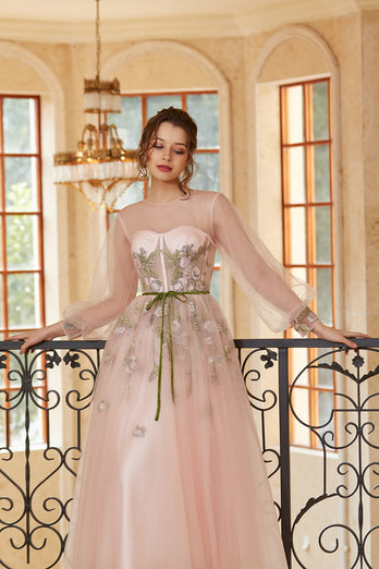 A Line Jewel Light Nude Tea Length Prom Dress with Long Sleeves