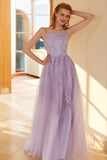 Charming A Line Spaghetti Straps Light Purple Long Prom Dress with Appliques