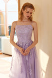 Charming A Line Spaghetti Straps Light Purple Long Prom Dress with Appliques