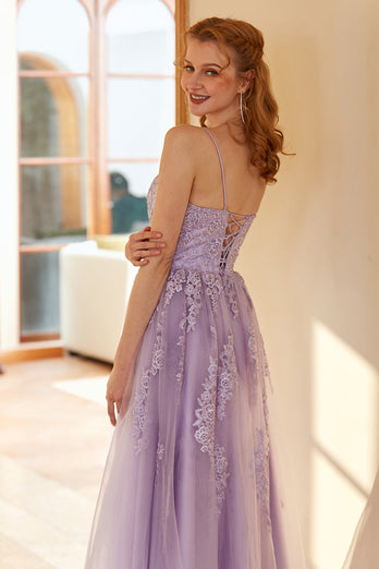 Charming A Line Spaghetti Straps Light Purple Long Prom Dress with Appliques
