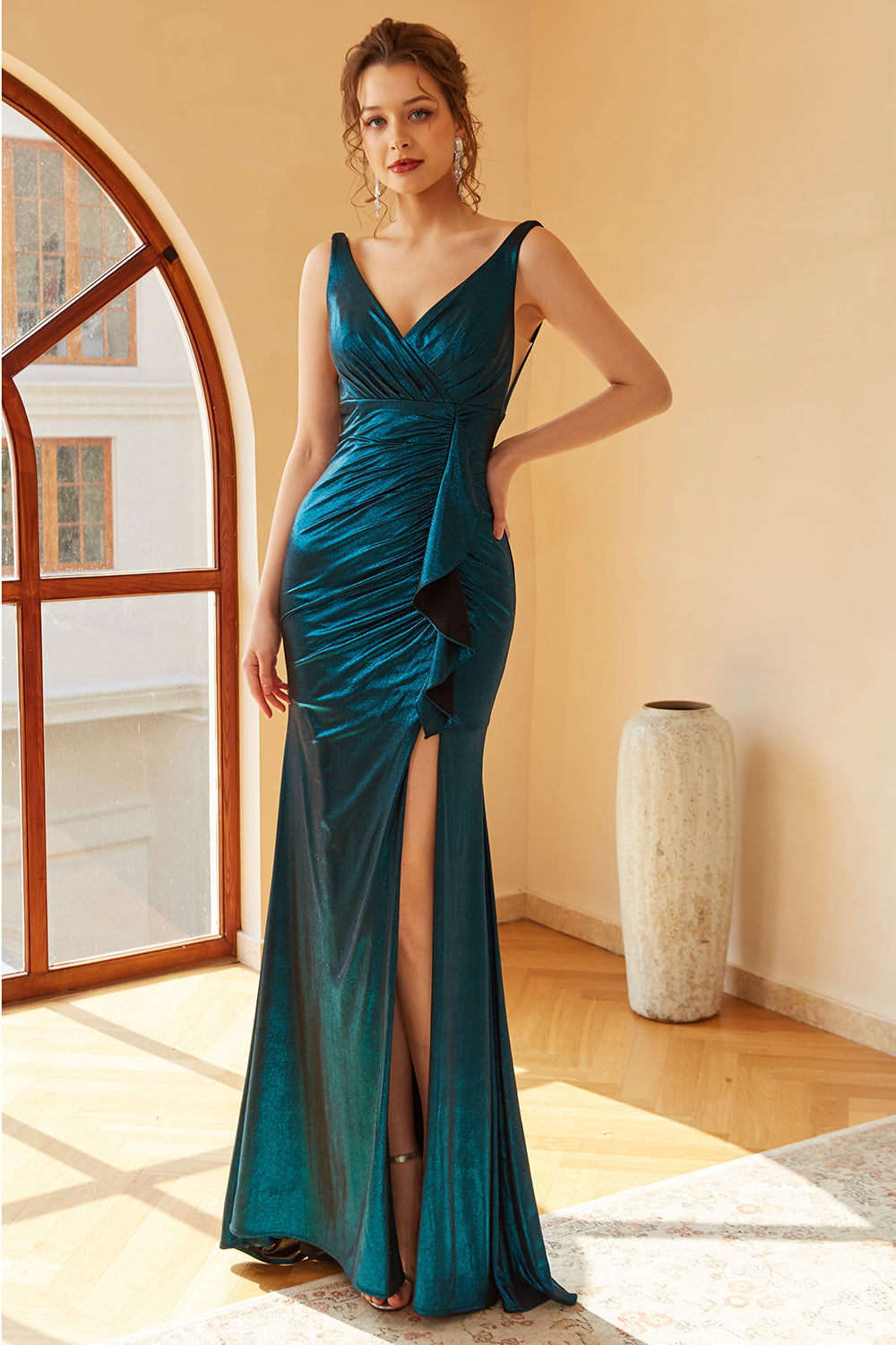Peacock Blue Ruched Long Prom Dress