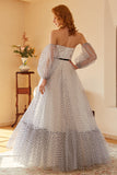 White Polka Dots Long Prom Dress with Sleeves