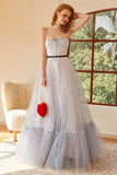 White Polka Dots Long Prom Dress with Sleeves