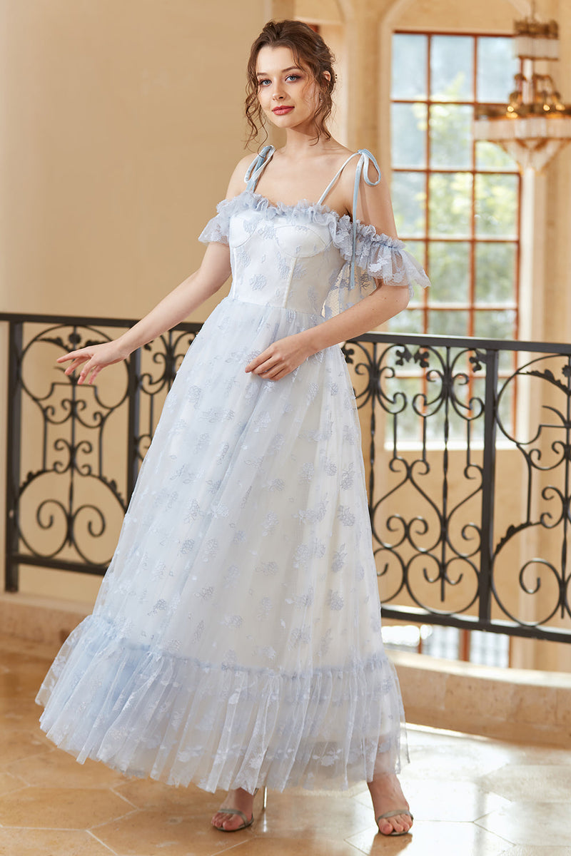 Load image into Gallery viewer, Princess A Line Off the Shoulder Light Blue Long Prom Dress