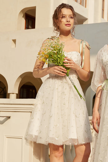 Stylish Spaghetti Straps White Short Graduation Dress with Embroidery