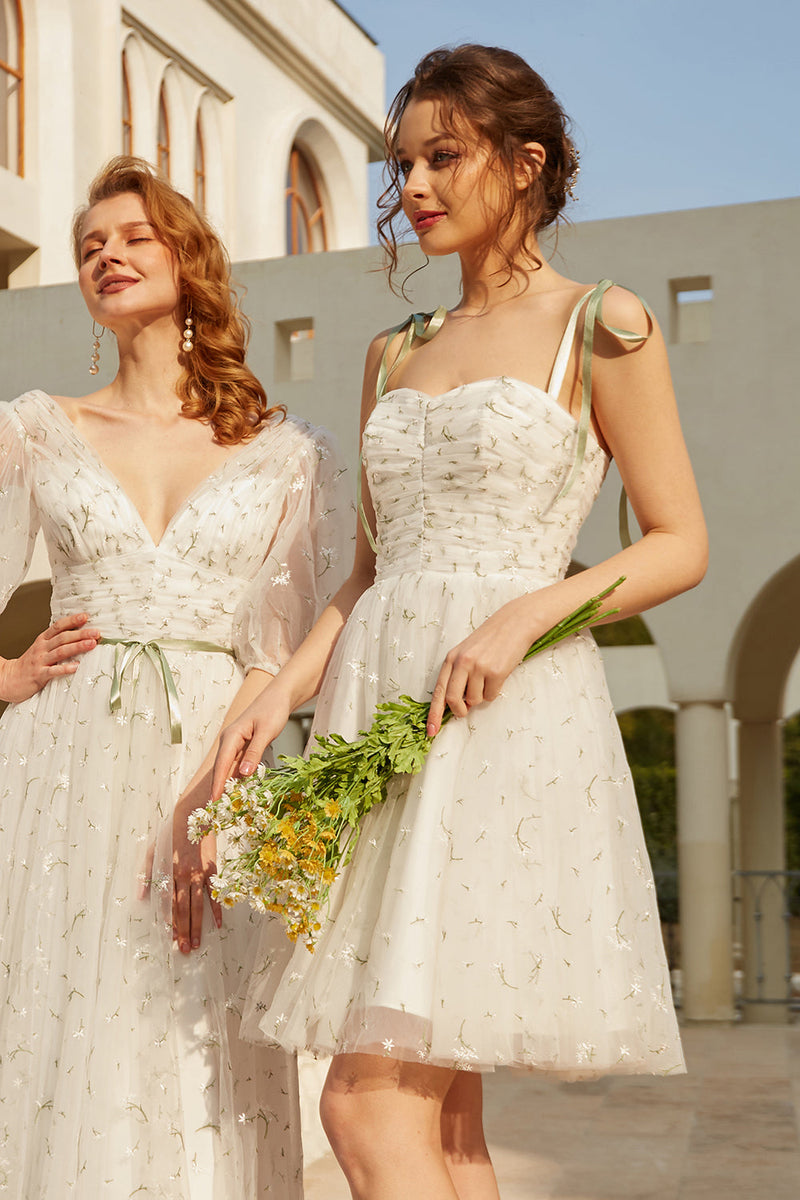 Load image into Gallery viewer, Stylish Spaghetti Straps White Short Graduation Dress with Embroidery