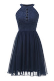 A Line Halter Neck Navy Lace Dress