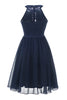 Load image into Gallery viewer, A Line Halter Neck Navy Lace Dress