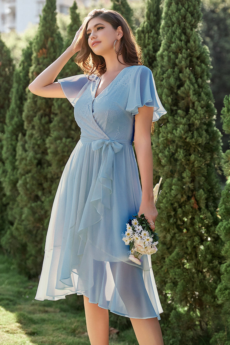 Load image into Gallery viewer, Blue Chiffon Wrap Cocktail Dress