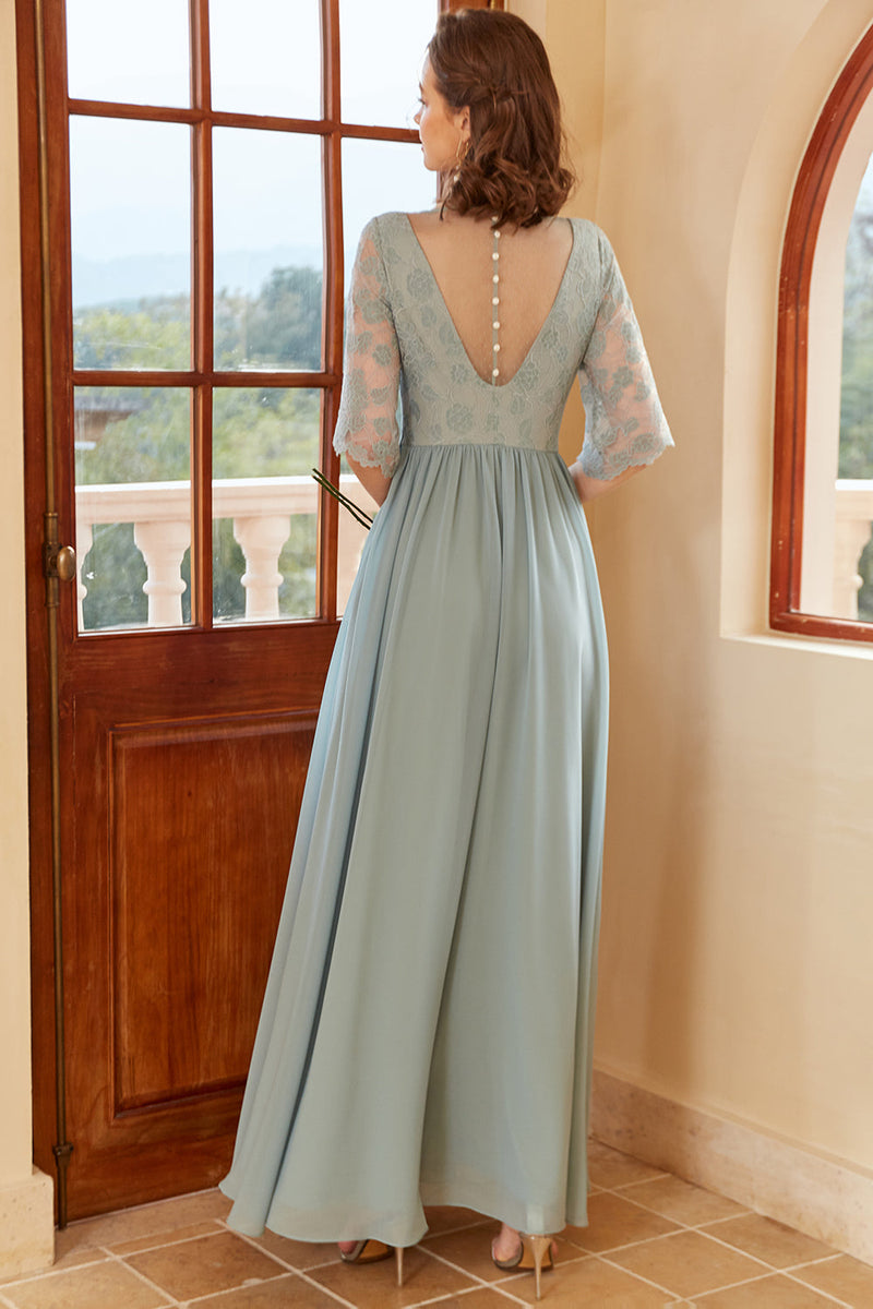 Load image into Gallery viewer, Blue Long Chiffon Bridesmaid Dress with Sleeves