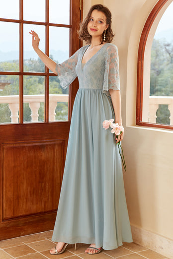 Blue Long Chiffon Bridesmaid Dress with Sleeves