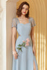 Load image into Gallery viewer, Long Chiffon Blue Bridesmaid Dress with Sleeves