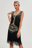 Black Gatsby 1920s Flapper Dress with Sequins and Fringes