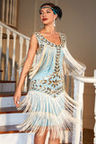 Blue Apricot Gatsby 1920s Dress with Sequins and Fringes