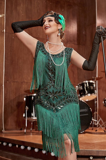 Dark Green Gatsby 1920s Dress with Sequined and Fringes
