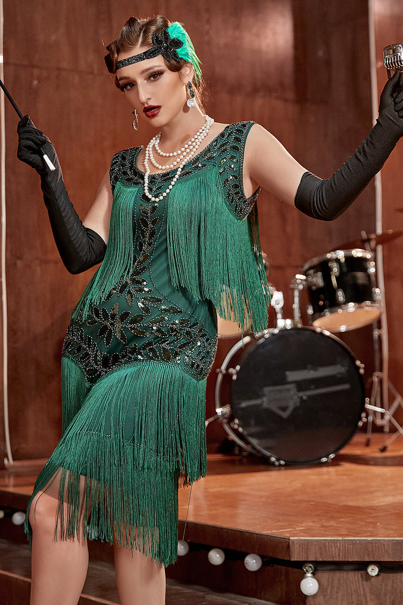 Load image into Gallery viewer, Dark Green Gatsby 1920s Dress with Sequined and Fringes