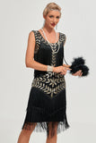 Black Gatsby 1920s Flapper Dress with Sequins and Fringes