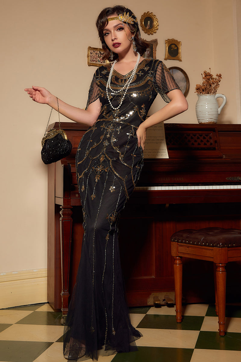 Load image into Gallery viewer, Black Sequins Long 1920s Dress