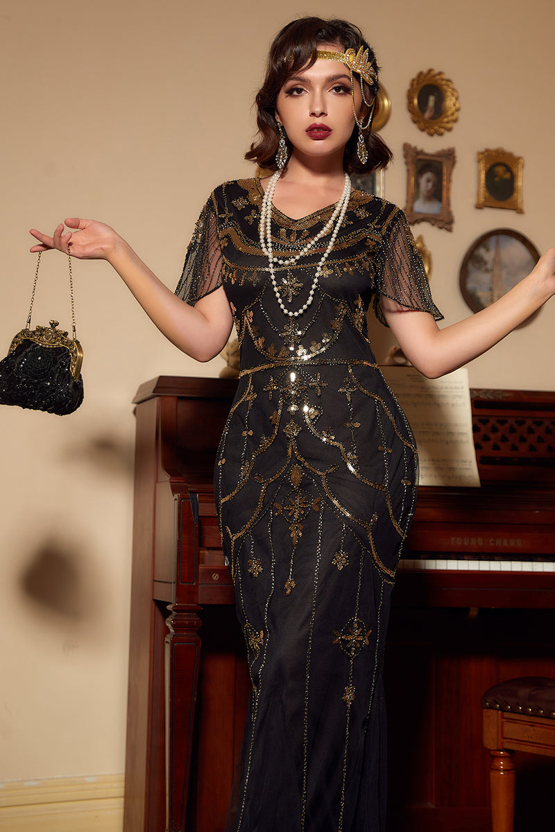 Load image into Gallery viewer, Black Sequins Long 1920s Dress