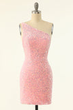 Royal Blue One Shoulder Sequins Tight Graduation Dress