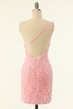 Pink One Shoulder Sequins Tight Graduation Dress