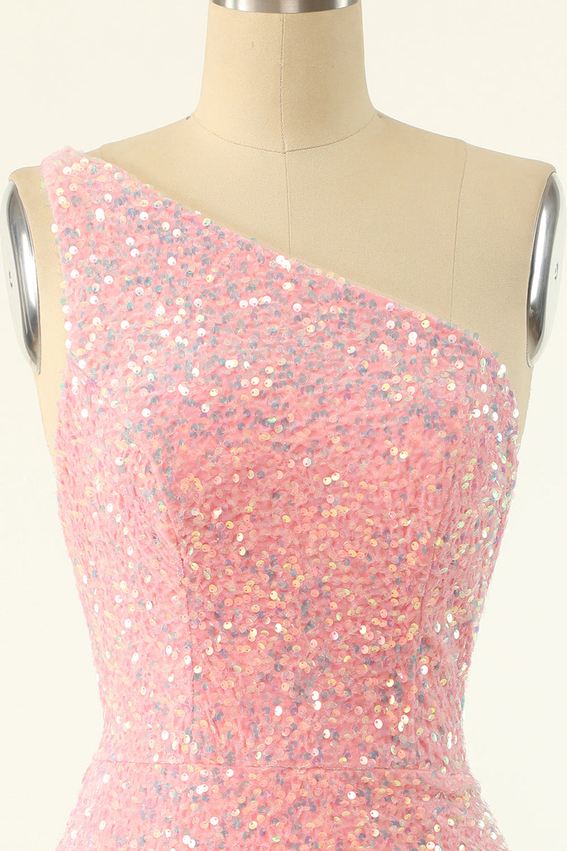 Load image into Gallery viewer, Pink One Shoulder Sequins Tight Graduation Dress