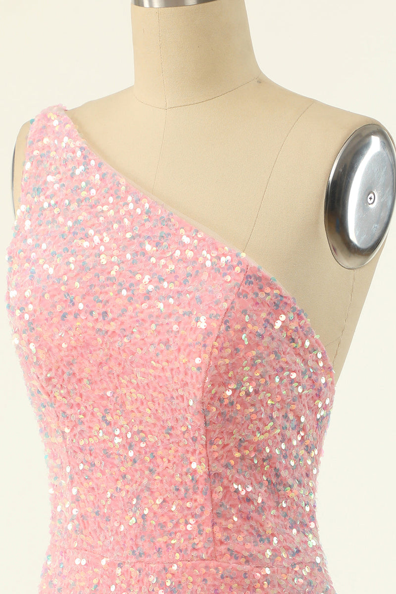 Load image into Gallery viewer, Pink One Shoulder Sequins Tight Graduation Dress