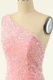 Pink One Shoulder Sequins Tight Graduation Dress