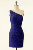 Royal Blue One Shoulder Sequins Tight Graduation Dress