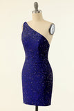 Royal Blue One Shoulder Sequins Tight Graduation Dress